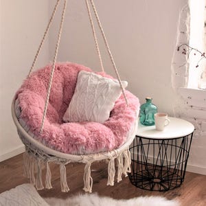 Hanging Chair + Soft Fluffy Pillow + fixing of a swing | Macrame Boho swing & Shaggy cushion | Indoor Swing Hammock Chair with Cushions image 2
