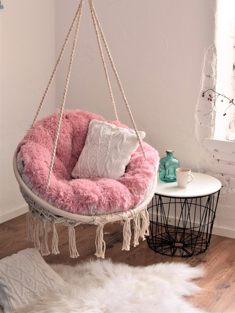 Hanging Chair + Soft Fluffy Pillow + fixing of a swing | Macrame Boho swing & Shaggy cushion | Indoor Swing Hammock Chair with Cushions image 2