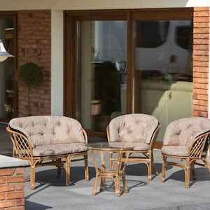 Outdoor Cushions for rattan sofa and 2 chairs with ties | Patio Cushion set | Wicker rattan chairs | Seating Cushions | Replacement Pads