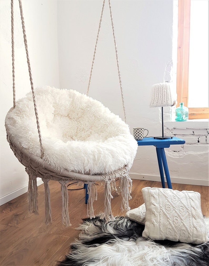 Hanging Chair + Soft Fluffy Pillow + fixing of a swing | Macrame Boho swing & Shaggy cushion | Indoor Swing Hammock Chair with Cushions image 1