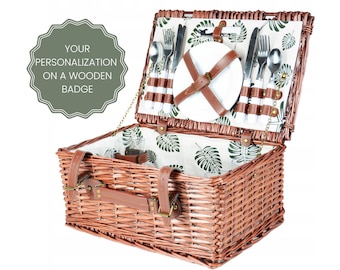 Personalized Wicker Picnic Basket for 4 with Stripes and Cutlery - Perfect for Outdoor Dining Handcraft Picnic Hamper Name and Cutlery Set