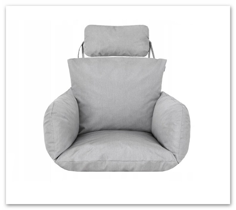 May include: A grey chair cushion with a matching headrest. The cushion has a thick, padded seat and back, and the headrest is attached to the back of the cushion with ties.