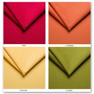 May include: Four fabric swatches in different colors: red, orange, yellow, and green. The swatches are folded in a triangular shape and labeled with their corresponding color and number.