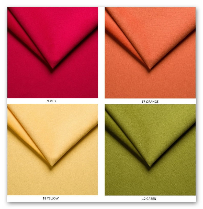 May include: Four fabric swatches in different colors: red, orange, yellow, and green. The swatches are folded in a triangular shape and labeled with their corresponding color and number.