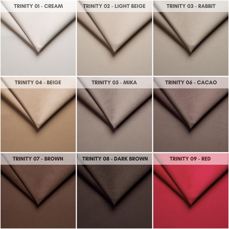 May include: Nine fabric swatches arranged in a grid, displaying various shades of beige, brown, and red. The swatches are labelled with the names "Trinity 01 - Cream", "Trinity 02 - Light Beige", "Trinity 03 - Rabbit", "Trinity 04 - Beige", "Trinity 05 - Mika", "Trinity 06 - Cacao", "Trinity 07 - Brown", "Trinity 08 - Dark Brown", and "Trinity 09 - Red".