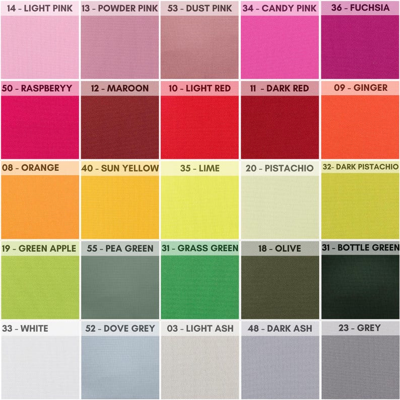 May include: A color chart with 20 different color swatches, each labeled with a number and a color name. The colors range from light pink to dark grey.