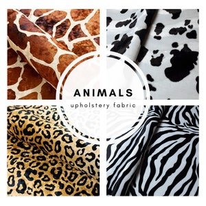 May include: Four different animal print upholstery fabrics: giraffe, cow, leopard, and zebra. The fabrics are all in a close-up view and have a soft, plush texture. The text "ANIMALS upholstery fabric" is in a white circle in the center of the image.