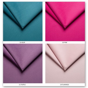 May include: Four fabric swatches in different colors: teal, pink, purple, and light pink. The swatches are labeled with numbers and names: 13 AZUR, 10 PINK, 11 PURPLE, and 19 FLAMINGO.