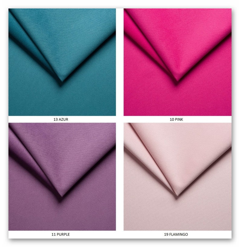 May include: Four fabric swatches in different colors: teal, pink, purple, and light pink. The swatches are labeled with numbers and names: 13 AZUR, 10 PINK, 11 PURPLE, and 19 FLAMINGO.