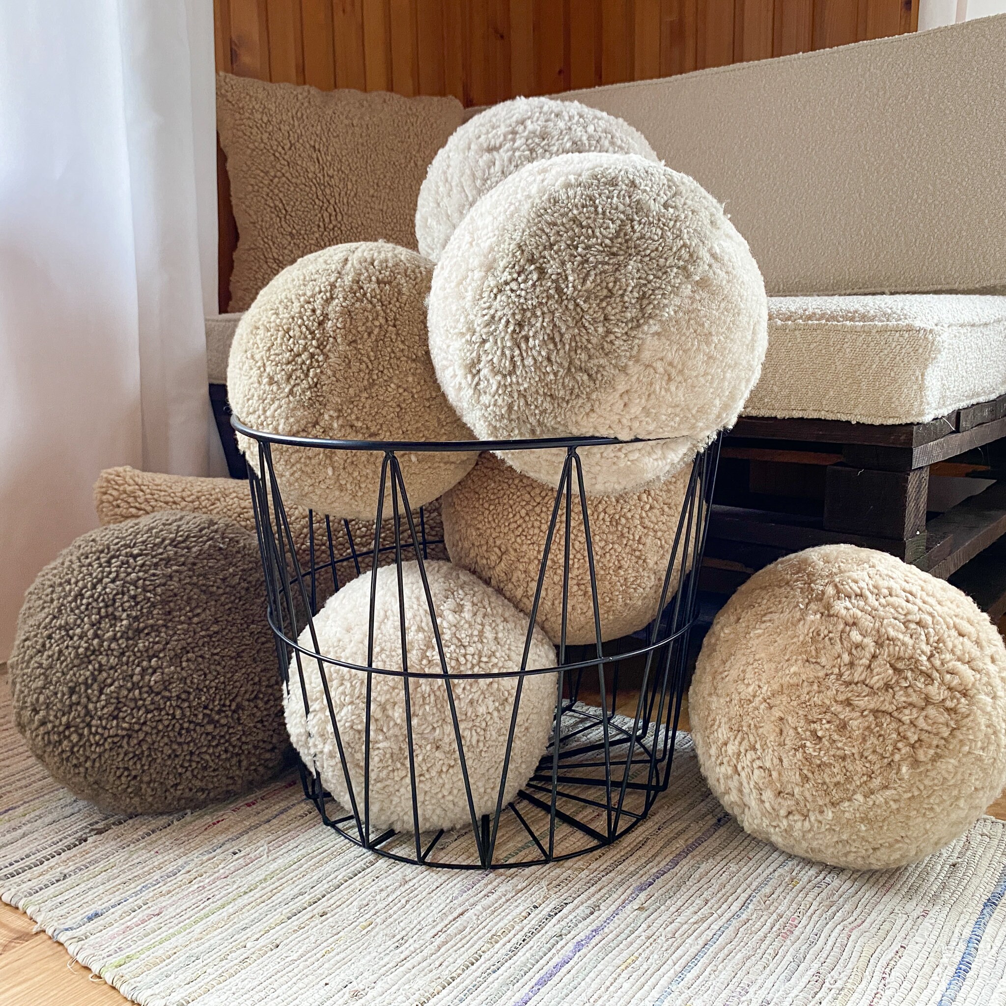 Ball Cushion - Curly Merino Sheepskin Ball Pillow - Boucle Throw