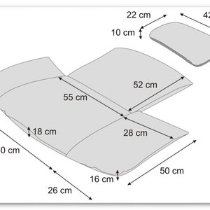 May include: Diagram of a grey fabric item with measurements in centimetres. The item is shaped like a large, open, curved rectangle with a smaller, curved rectangle attached to one side. The item is 60 cm long, 55 cm wide, and 28 cm deep. The smaller rectangle is 22 cm long, 10 cm wide, and 42 cm deep.