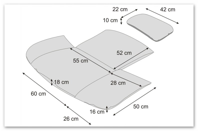 May include: Diagram of a grey fabric item with measurements in centimetres. The item is shaped like a large, open, curved rectangle with a smaller, curved rectangle attached to one side. The item is 60 cm long, 55 cm wide, and 28 cm deep. The smaller rectangle is 22 cm long, 10 cm wide, and 42 cm deep.