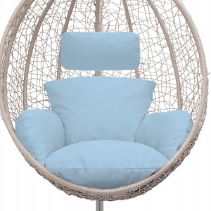 May include: A beige wicker egg-shaped hanging chair with a light blue cushion and a matching headrest.