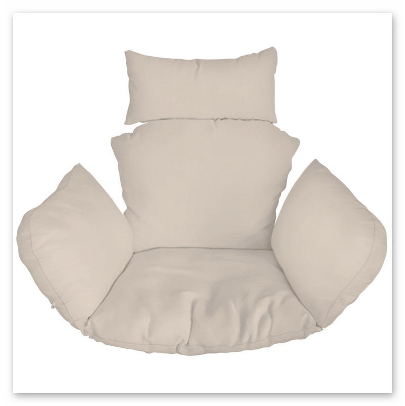 May include: A beige, round swing chair cushion with four separate cushions, including a back cushion and two armrest cushions.