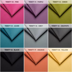 May include: Nine fabric swatches arranged in a grid pattern. The swatches are labelled with the names "Trinity 10 - Pink", "Trinity 11 - Purple", "Trinity 12 - Green", "Trinity 13 - Azure", "Trinity 14 - Grey", "Trinity 15 - Graphite", "Trinity 16 - Black", "Trinity 17 - Orange", and "Trinity 18 - Yellow".