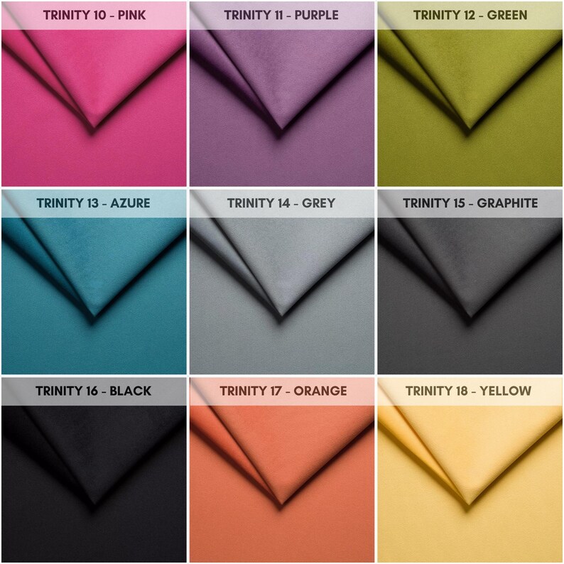 May include: Nine fabric swatches arranged in a grid pattern. The swatches are labelled with the names "Trinity 10 - Pink", "Trinity 11 - Purple", "Trinity 12 - Green", "Trinity 13 - Azure", "Trinity 14 - Grey", "Trinity 15 - Graphite", "Trinity 16 - Black", "Trinity 17 - Orange", and "Trinity 18 - Yellow".