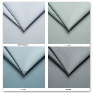 May include: Four fabric swatches in different shades of blue and gray. The swatches are arranged in a grid with the following labels: 20 Pastel Blue, 21 Mint, 22 Aqua, 14 Grey.