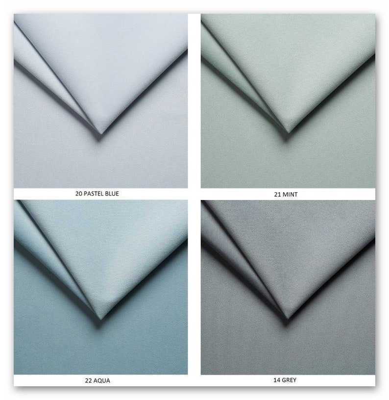 May include: Four fabric swatches in different shades of blue and gray. The swatches are arranged in a grid with the following labels: 20 Pastel Blue, 21 Mint, 22 Aqua, 14 Grey.