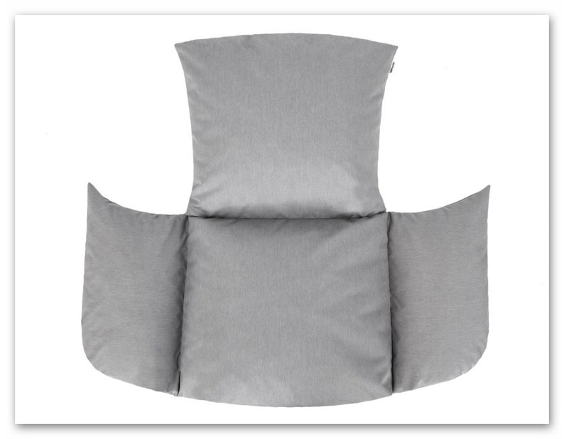May include: A grey, three-piece cushion set for a swing chair. The set includes a back cushion and two armrest cushions.