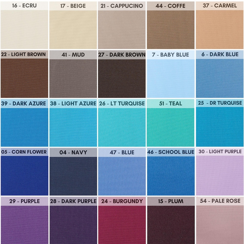 May include: A color chart with 20 different fabric swatches. The swatches are arranged in a grid of 5 rows and 4 columns. Each swatch is labeled with a number and a color name. The colors include beige, brown, blue, purple, and pink.