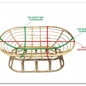 May include: A brown wicker chair with a curved back and a round seat. The chair is shown with instructions on how to measure it correctly. The text says "The right way to measure" and "Do not measure here".