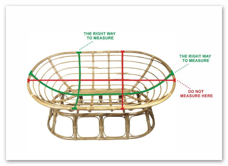 May include: A brown wicker chair with a curved back and a round seat. The chair is shown with instructions on how to measure it correctly. The text says "The right way to measure" and "Do not measure here".