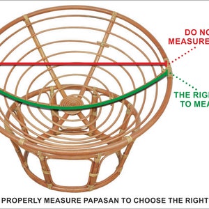 May include: Diagram showing how to measure a round wicker chair, also known as a Papasan chair, to choose the right size cushion. The correct way to measure is to measure the inside diameter of the chair, not the outside diameter.