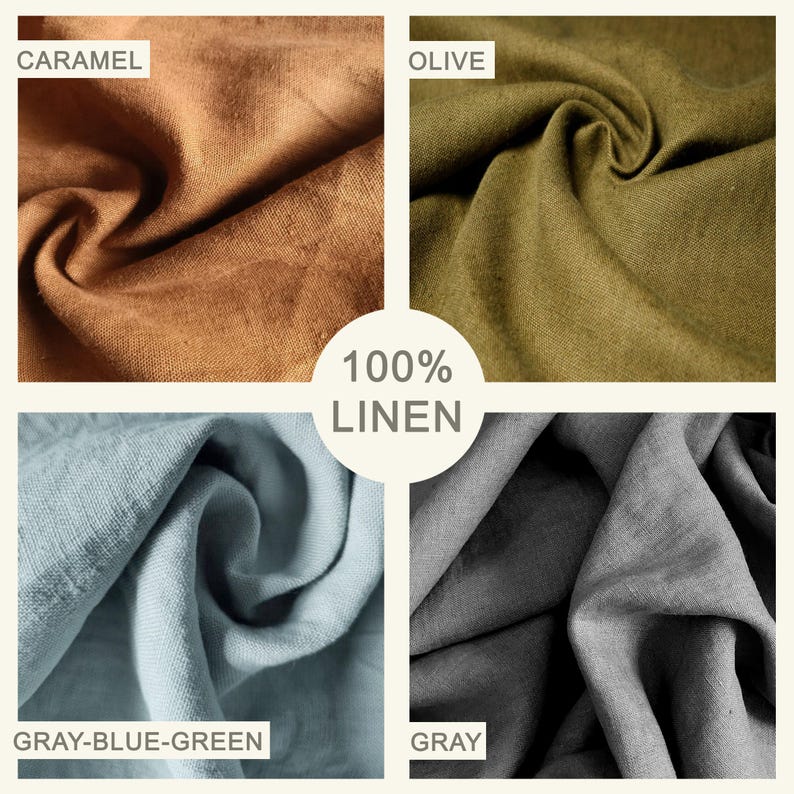 May include: Four fabric swatches in caramel, olive, gray-blue-green, and gray. The fabric is 100% linen. The caramel swatch is a warm brown, the olive is a muted green, the gray-blue-green is a soft blue-green, and the gray is a neutral tone.