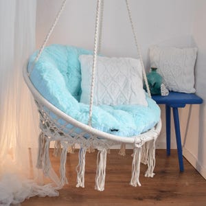 Hanging Chair + Soft Fluffy Pillow + fixing of a swing | Macrame Boho swing & Shaggy cushion | Indoor Swing Hammock Chair with Cushions image 3