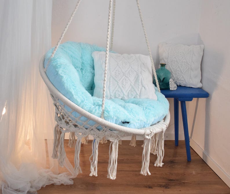 Hanging Chair + Soft Fluffy Pillow + fixing of a swing | Macrame Boho swing & Shaggy cushion | Indoor Swing Hammock Chair with Cushions image 3