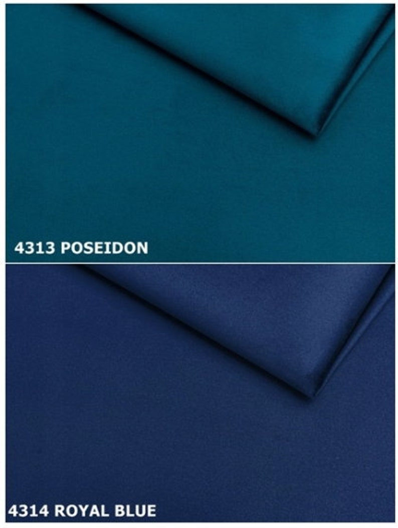 May include: Two fabric swatches, one teal blue labeled "4313 POSEIDON" and the other navy blue labeled "4314 ROYAL BLUE".