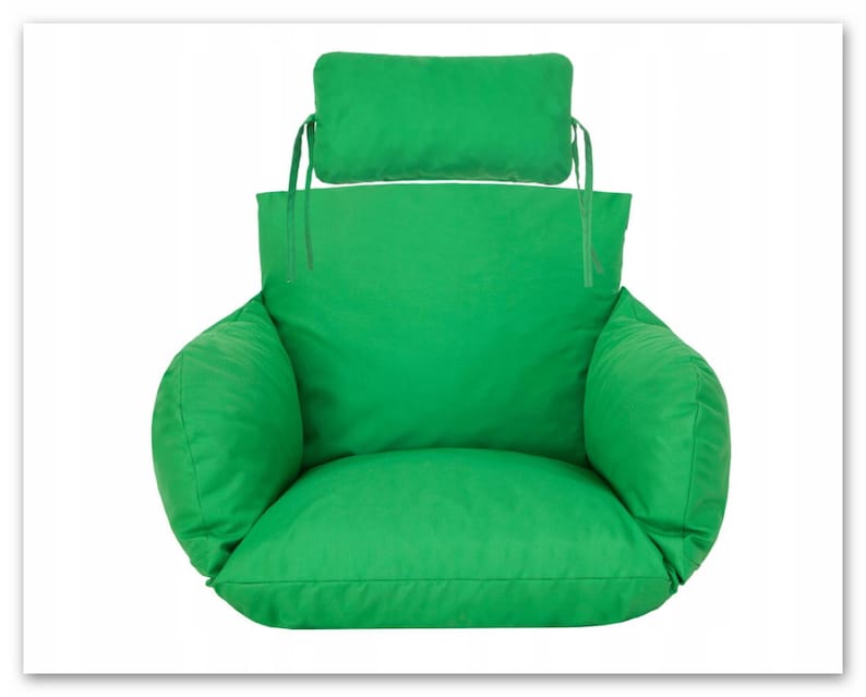 May include: A green chair cushion with a matching green back cushion. The cushion has a rounded shape and is designed for outdoor use.