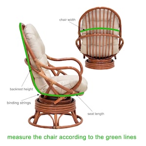 May include: A brown wicker swivel chair with a white cushion. The chair has a high back and a wide seat. The chair is shown from the side and the back. Green lines indicate the measurements of the chair's backrest height, seat length, chair width, and binding strings.