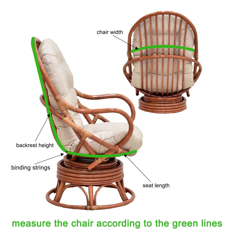 May include: A brown wicker swivel chair with a white cushion. The chair has a high back and a wide seat. The chair is shown from the side and the back. Green lines indicate the measurements of the chair's backrest height, seat length, chair width, and binding strings.