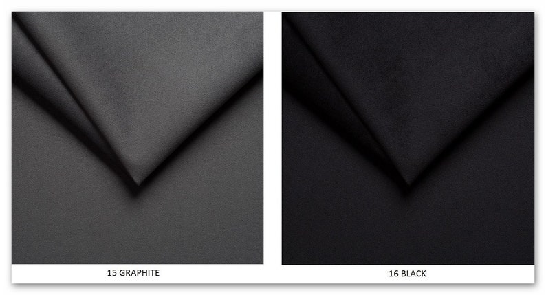 May include: Two fabric swatches, one in graphite and one in black. The swatches are folded in a triangular shape. The swatches are labeled with the numbers 15 and 16 and the words "Graphite" and "Black".
