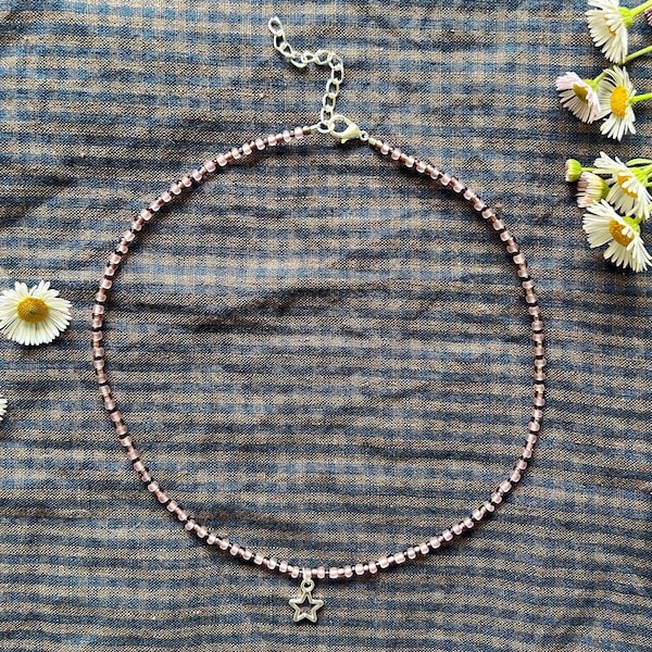 Celestial purple beaded necklace, star charm, adjustable, purple seed beaded necklace -16”