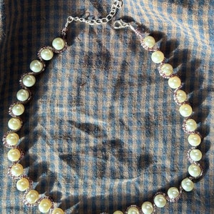 Pearl beadwork necklace - faux pearl and purple seed bead adjustable necklace, vintage inspired