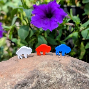 May include: Three miniature buffalo silhouettes, one white, one red, and one blue, are arranged on a brown rock. The silhouettes are positioned in a line, with the white buffalo in the front, followed by the red buffalo, and then the blue buffalo. A purple flower with a yellow center is visible in the background.