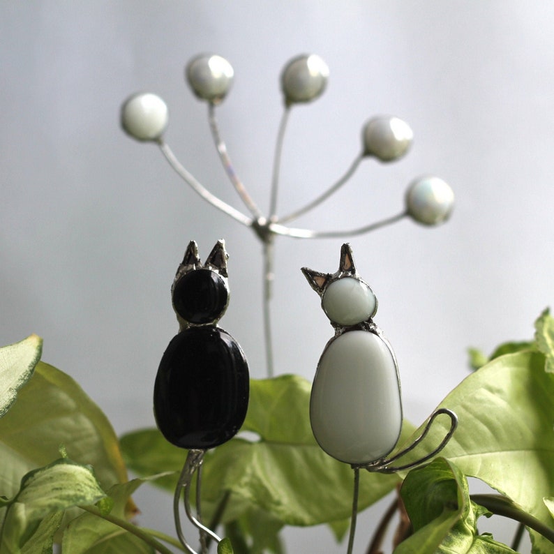 Stained glass flower pot plant stakes black and white cats Etsy