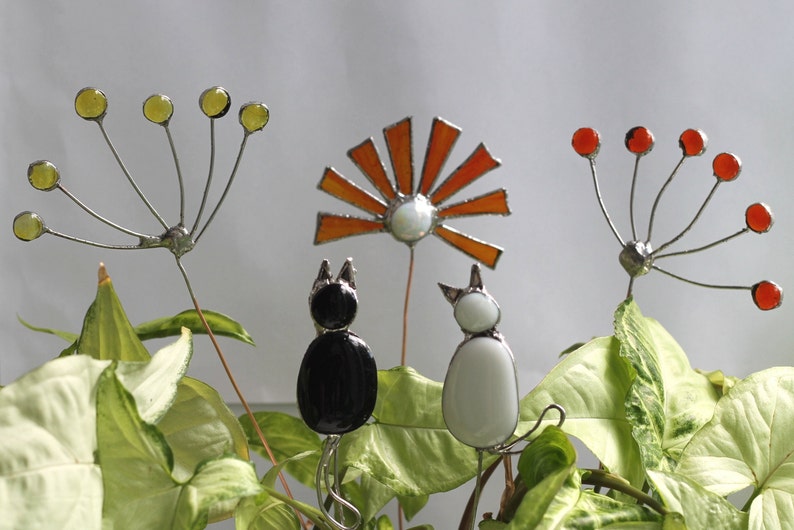 Stained glass flower pot plant stakes black and white cats Etsy