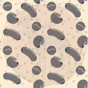 May include: A seamless pattern featuring gray pill bugs on a light beige background with gray dots. The pill bugs are in various positions, some curled up and some stretched out.