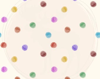 May include: A watercolour illustration of a white background with a circle in the centre. The circle has a light brown watercolour wash and a white outline. The background is filled with colourful dots in various shades of blue, green, purple, red, and yellow.