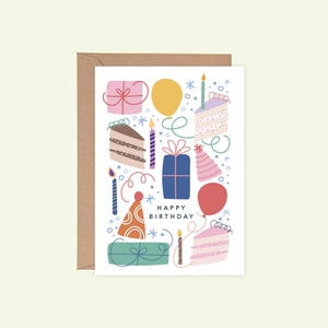 Carte de joyeux anniversaire : gâteau coloré, ballons, cadeaux, confettis (téléchargement numérique PDF)