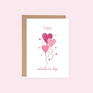 Tarjeta de felicitación con globos y corazones rojos y rosados para el día de San Valentín, imprimible, descarga digital instantánea, sobre para imprimir, corazón de San Valentín