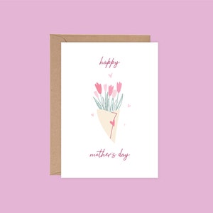 PRINTABLE Happy Mother&#39;s Day Floral Tulip Bouquet Heart Greeting Card, Instant Digital Download, envelope printable
