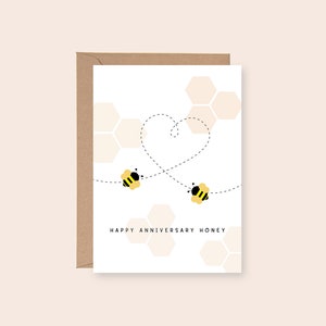 Tarjeta de felicitación de abeja de miel de feliz aniversario IMPRIMIBLE, descarga digital instantánea, sobre, tarjeta linda de amor de corazón de abeja para parejas