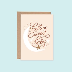 IMPRIMIBLE Hola Dulce Bebé Letras Boho Twinkle Little Star Moon Baby Shower Tarjeta de Felicitación, Descarga Digital Instantánea Bestseller