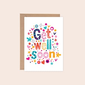 Tarjeta de felicitación de simpatía con formas abstractas, alegres, divertidas y coloridas para imprimir y que le den una pronta recuperación. Descarga digital instantánea en formato PDF. Sobre imprimible