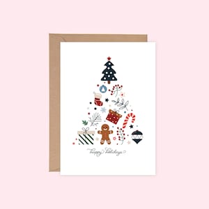 Carte de voeux de joyeuses fêtes à imprimer avec arbre de Noël, bonhomme en pain d'épice mignon en téléchargement numérique PDF format A2 et A7