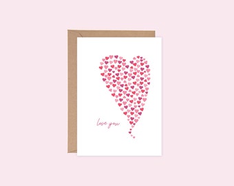 Cartão de felicitações para impressão Love You Happy Anniversary Red Pink Hearts em um grande coração, envelope para download digital instantâneo para casais